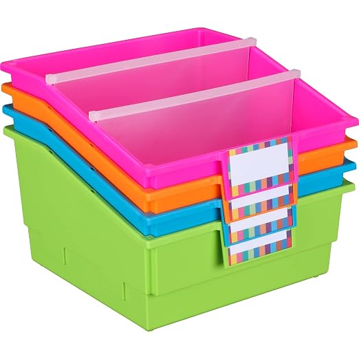 Really Good Stuff Neon Picture Book Classroom Library Bins, 4 Pack | 13.5" x 13.5" x 7.75, Large Plastic Bin Organizers for Book Organization, Documents, Files, Magazines by ReallyGoodStuff