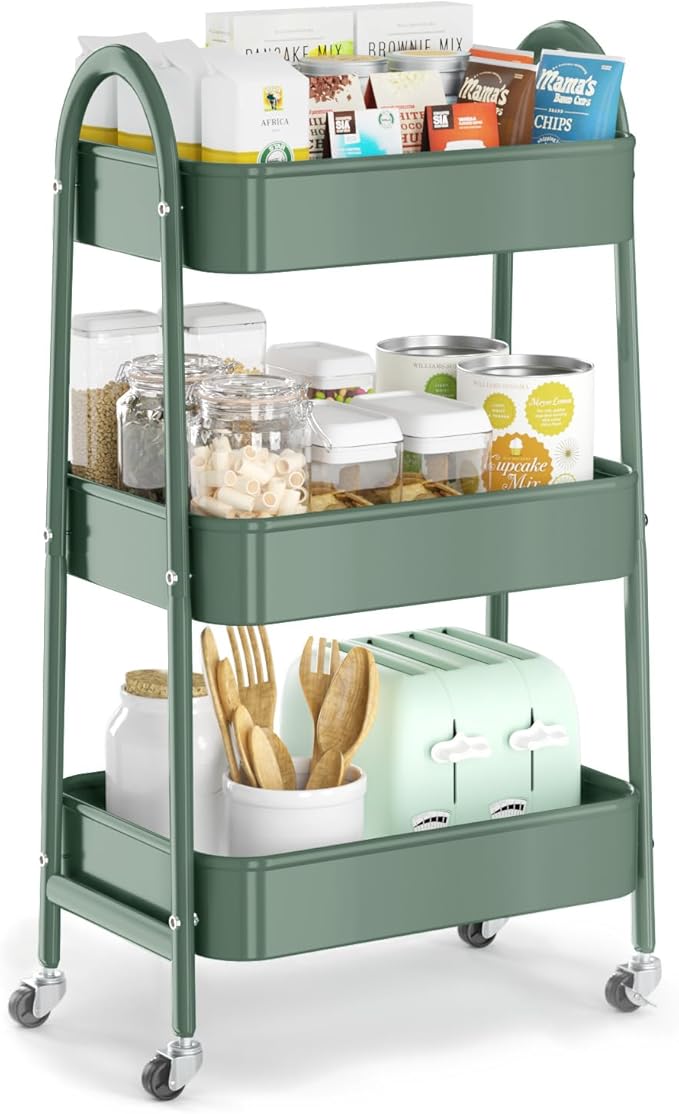 3 Tier Utility Rolling Cart, Metal Storage Cart with Handle and Lockable Wheels, Multifunctional Storage Organizer Trolley with Mesh Baskets for Kitchen, Living Room, Office, Garage (Jungle) by EAGMAK