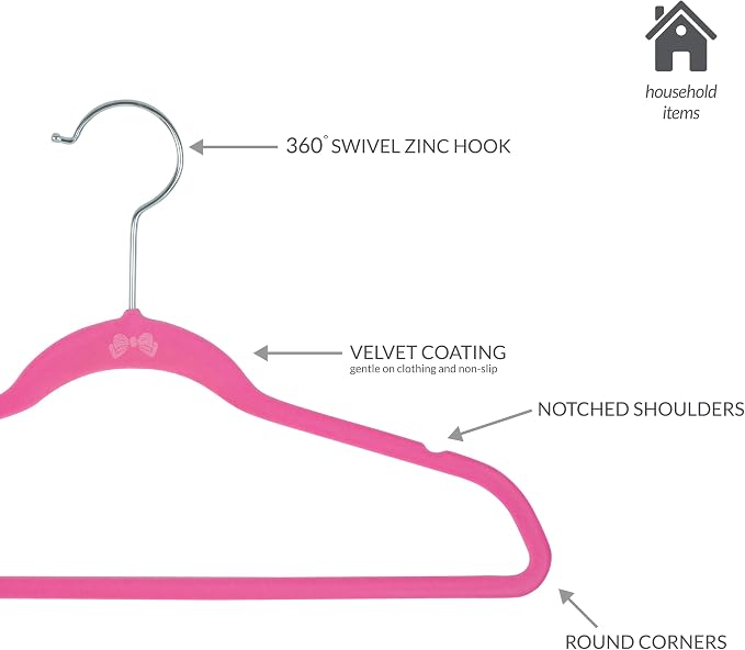 Simplify 25 Pack Kids Velvet Hangers | Slim | Non-Slip Design | Space Saving | Childrens Clothes | Shirts | Pants | Dresses | Baby Nursery | Closet Storage & Organization | Pink - Image 2
