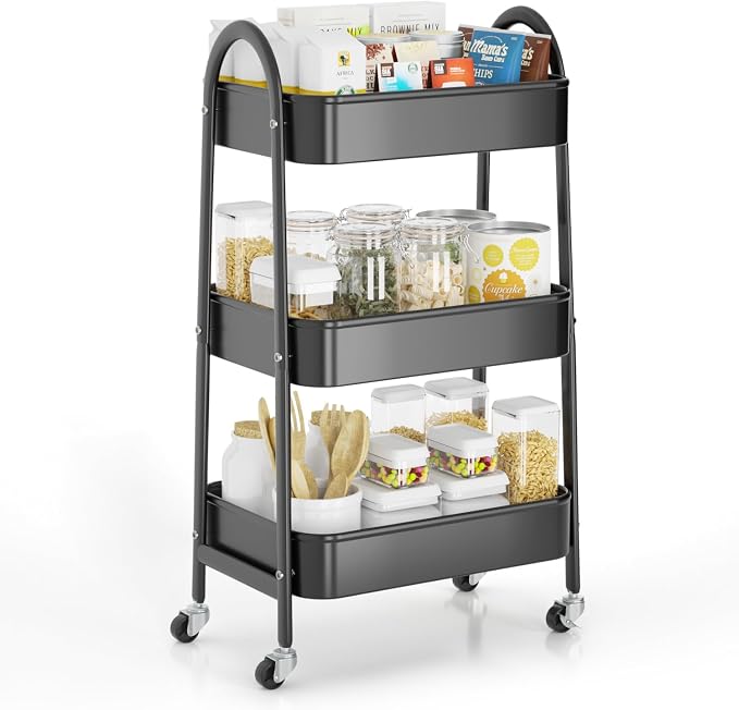 3 Tier Rolling Cart, Large Metal Storage Cart with Handle and Lockable Wheels, Big Multifunctional Storage Organizer Trolley with Mesh Baskets for Kitchen, Living Room, Office, Garage (Black) by EAGMAK