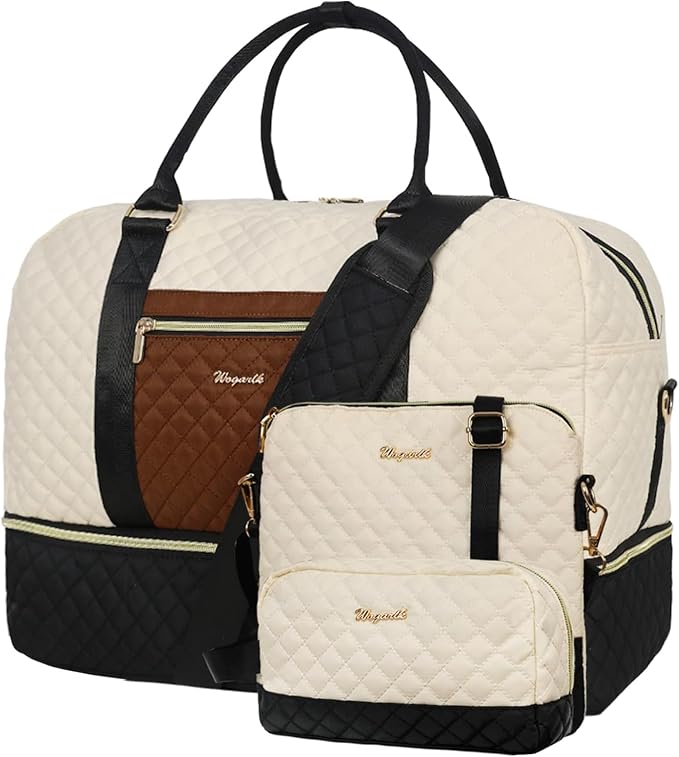 3PCS Weekender Bags for Women Large Overnight Bag, Black Beige Brown | Weekender Travel Duffel Bags Carry on Shoulder with Shoe Compartment Toiletry Bag Satchel Bag for Travelling Business Gym by Wogarl