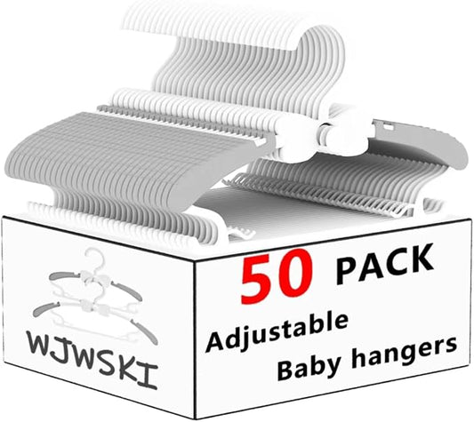 WJWSKI Kids Hangers for Closet, 50 Pack Baby Clothes Hanger, Adjustable Toddler Hangers for Boy Nursery, Cascading Plastic Perchas for Newborn Babies Children Infant, Space Saving Perchas Bebés, Grey by WJWSKI