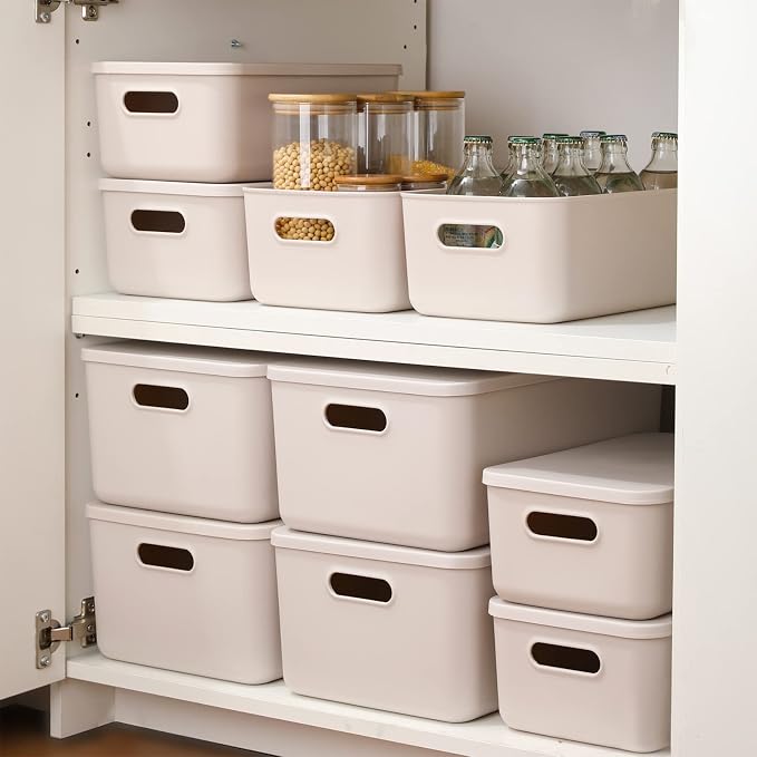 Yishyfier Plastic Storage Baskets With Lid Organizing Container Lidded Knit Storage Organizer Bins for Shelves Drawers Desktop Closet Playroom Classroom Office (M+2S, Light grey) - Image 2