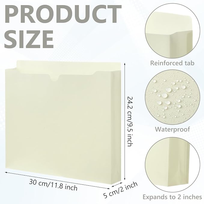 Dunzoom 50 Pack File Jackets Letter Size 2 Inch Beige Expansion Manila Plastic File Folders Expandable Heavy Duty Reinforced Straight Cut Tab Expandable Document Jacket for Office - Image 2