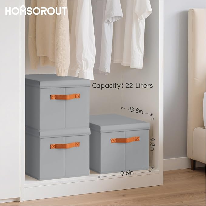 Storage Bins with Lids - Fabric Storage Baskets for Shelves, 8 Pack Foldable Decorative Boxes with Handles, Stackable Organizer Bins for Home, Nursery, Dorm, Grey - Image 3