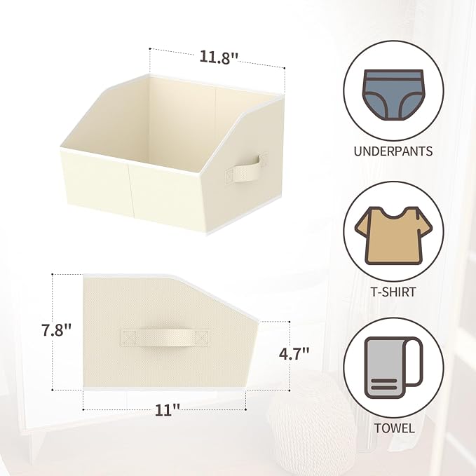 Storage Bins for Shelves - Small Trapezoid Closet Shelf Organizer, Fabric Organization Bins with Handles, Storage Baskets for Clothes, Towel, Purse, 4 Pack, Beige - Image 2