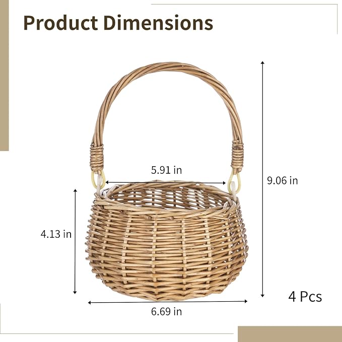4 Pcs Small Flower Basket Set, Hand Woven Wicker Basket with Handle, Multifunctional Rustic Baskets for Wedding Party and Home Decoration, Gifts Storage - Image 4