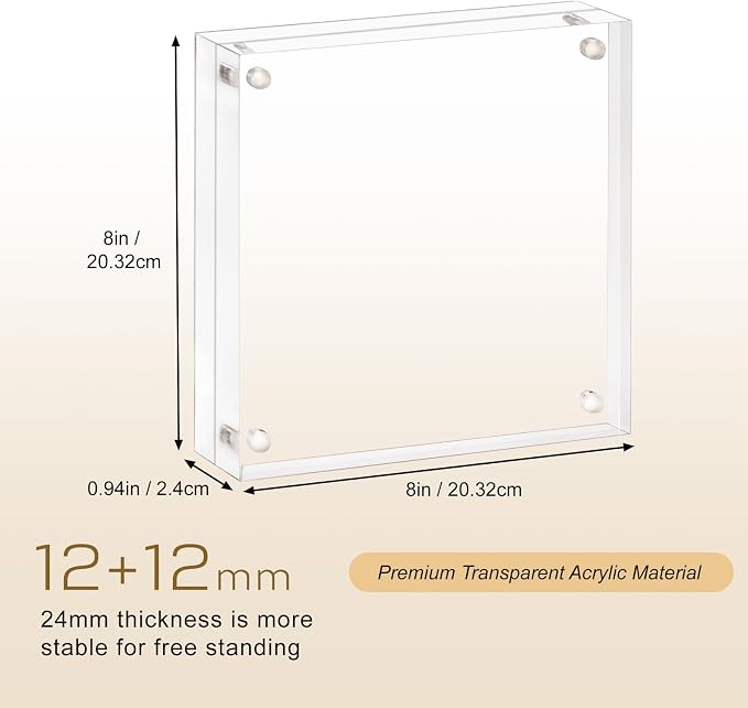 AMEITECH 8x8 Acrylic Picture Frame, Frameless Clear Photo Frames | Double Sided Floating Magnetic Frames, 24mm Thick, Free Standing Desktop Display for Postcards, Pictures and Artworks - Image 2
