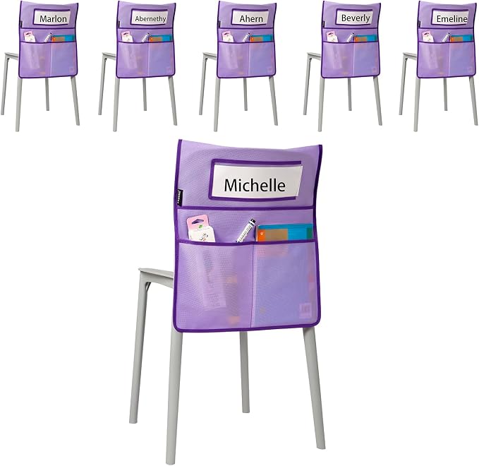 Chairback Buddy Pocket Chart Back of Chair Organizer for Classroom with Name Tag Pocket (PURPLE-6 PACK) by ANZORG