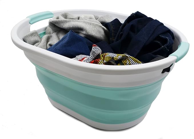 SAMMART 32L (8.4 gallon) Collapsible Plastic Laundry Basket - Foldable Pop Up Storage Container/Organizer - Portable Washing Tub, Water Capacity: 24L (1, White/Lake Green) - Image 5