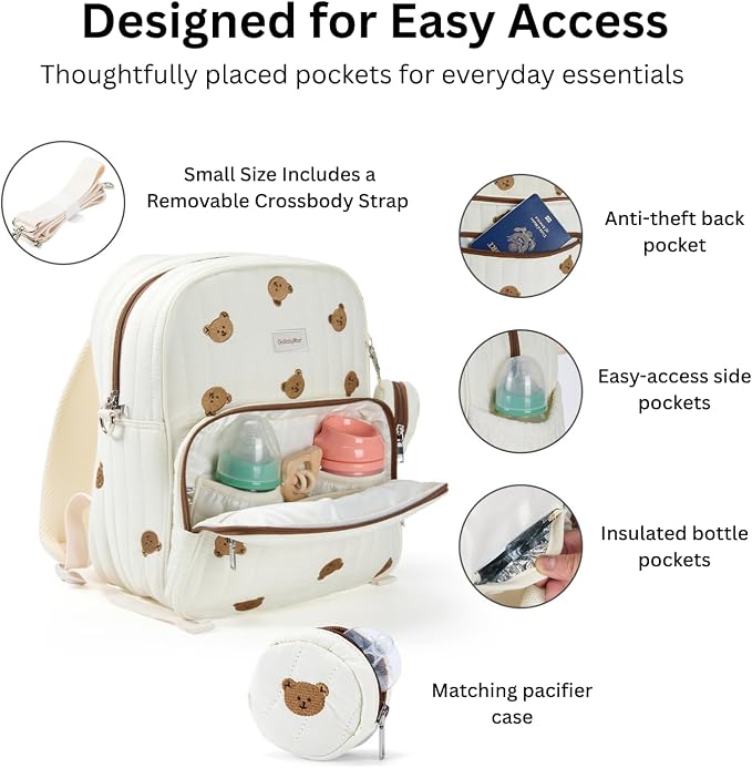 Large Diaper Bag Backpack with Changing Pad, Insulated Bottle Pockets, Travel & Hospital Bag for Mom & Dad (Small - Beige Bears) - Image 2
