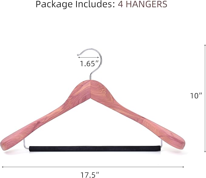 Unfinished American Red Cedar Wooden Coat Suit Hangers with Extra Wide Shoulder, Wood Jacket Clothes Hanger with Non Slip Black Padded Pant Bar- 360°Flexible Hook, Natural 4 Pack - Image 4