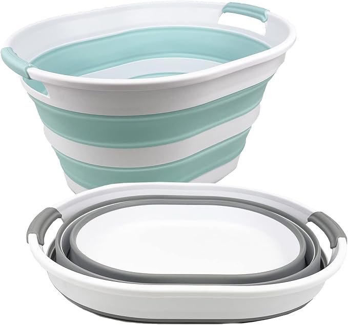 SAMMART 23L (6 Gallons) Set of 2 Collapsible Plastic Laundry Basket - Oval Tub - Foldable Storage Container/Organizer - Portable Washing Tub - Space Saving Laundry Hamper (Lake Green + Grey) - Image 2