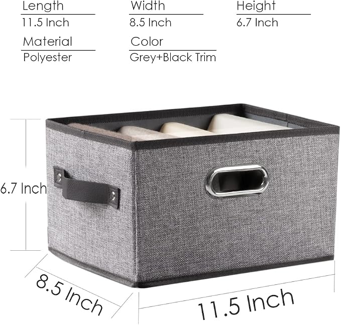 Fodable Storage Bins for Closet [3-pack] Decorative Fabric Storage Baskets Cubes with Leather/Metal Handles for Shelves Bedroom Living Room Grey (11.5x8.5x6.7 Inch) - Image 5