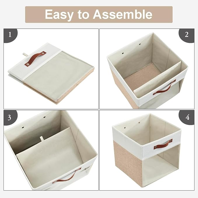 Storage Cubes, 4 Pack Linen Foldable Storage Bins with Clear Window and 2 Handles, 13x15x13 Storage Cube Bins for Shelf Closet, Kallax, Clothes, Books - (Beige / Off-White) - Image 4