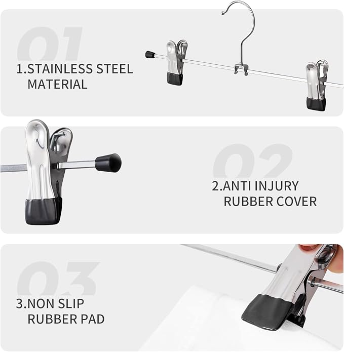 Cimlord 30 Pack Pants Hangers with Clips Skirt Hangers for Women Shorts Hangers Heavy Duty Metal Clothes Hanger for Closet Space Saving Non Slip Trousers Hanger Jeans Hanger for Men,Black,12 Inch - Image 3
