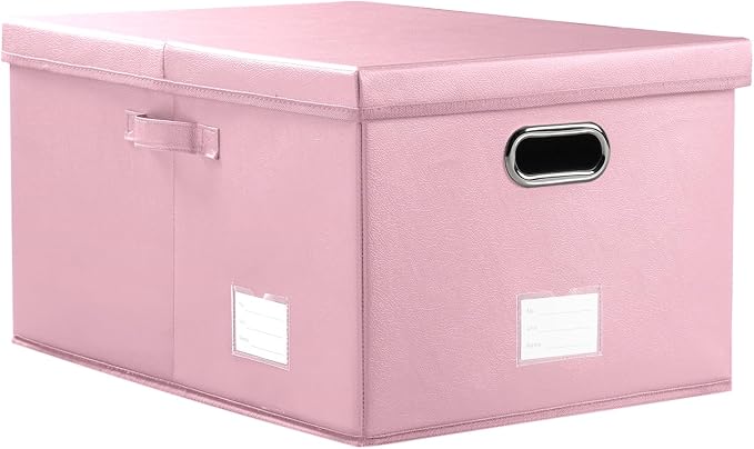 Collapsible Storage Box with Lid [1-Pack] Leather Fabric Foldable Storage Bin Organizer Container Basket Cube with Cover for Home Bedroom Closet Office Nursery Pink (22.8X15.7X11.8) by Prandom
