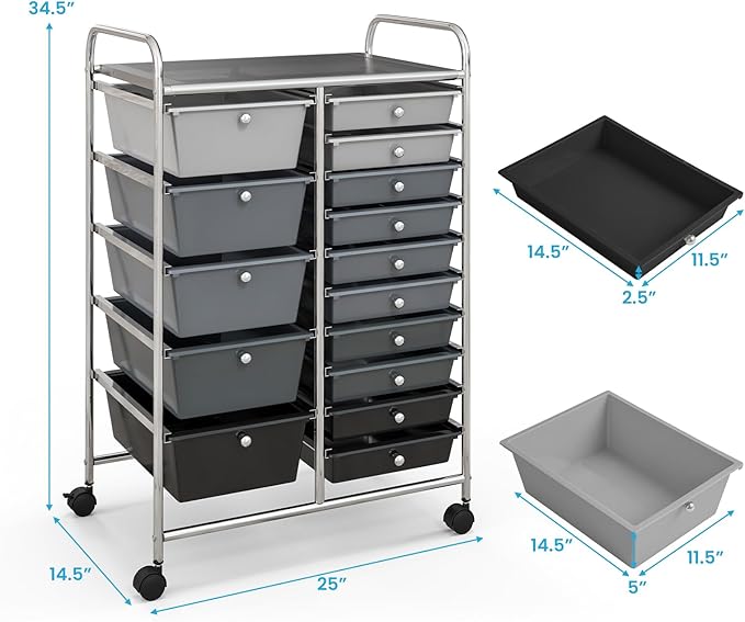 DREAMADE Rolling Cart with 15 Drawers, Rolling Drawer Organizer Cart w/Lockable Wheels, Removable & 2-Sized Storage Drawers, Art Cart for School Home Art Supplies Crafts File Scrapbook (Mixed-black) - Image 3
