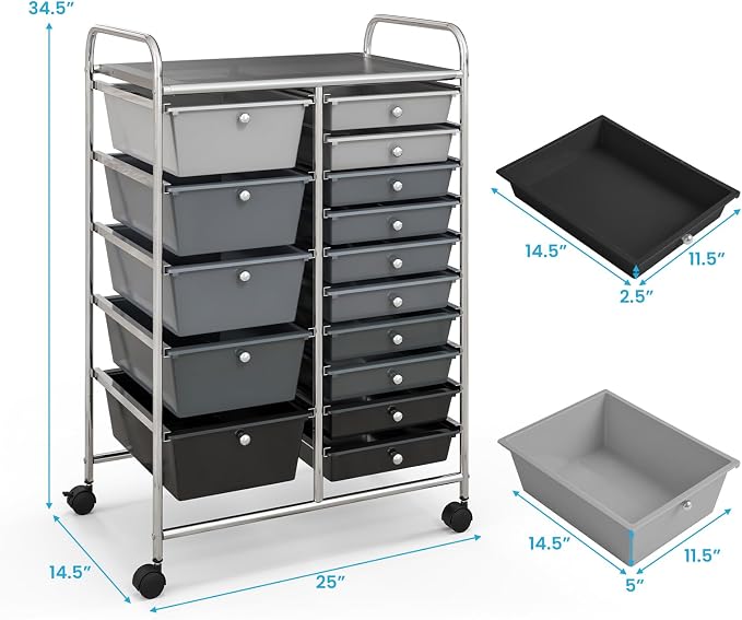 Giantex 15 Drawers Rolling Cart, Classroom Organizers, Storage Cart with Wheels, for Teacher Office Home School Supplies Tool Craft Art Paper - Image 3