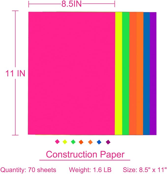 Construction Paper 8.5x11 in,70 Sheets,Set of 7 Colors Neon Fluorescent 178GSM/65LB Heavyweight Construction Paper for Crafts,Arts,School Classroom Art Supplies Assorted Colors Bulk Paper - Image 2