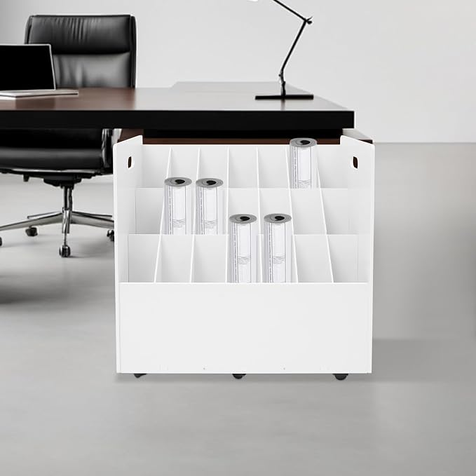 Blue Print Storage Organizer with Wheels, 21 Slots Roll Files Cart, White | Mobile Blueprint Storage Rack Cart, Construction Plan Holder, Map Poster Storage Cabinet for Office Home School - Image 2
