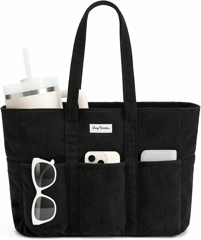 LONG VACATION Corduroy Tote Bag for Women, 16 Pockets Large Work Laptop Bag | 15.6" Laptop Compartment, 40oz Cup Holder, Lightweight, Washable, Teacher Nurse Bag for Office School Travel Gym College by LONGVACATION