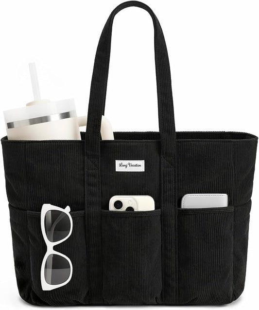 LONG VACATION Corduroy Tote Bag for Women, 16 Pockets Large Work Laptop Bag | 15.6" Laptop Compartment, 40oz Cup Holder, Lightweight, Washable, Teacher Nurse Bag for Office School Travel Gym College by LONGVACATION