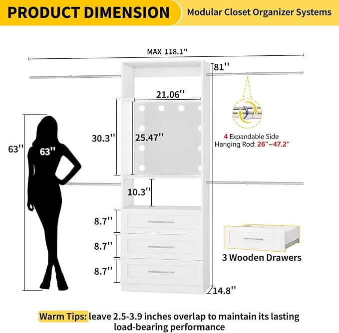 Fastgo Closet System with Drawers, 2FT-9.8FT Hanging Closet Organizer System with 4 Expandable Hanging Rods&Adjustable Shelves, Modular Closet Systems with Light & Mirror, White - Image 2