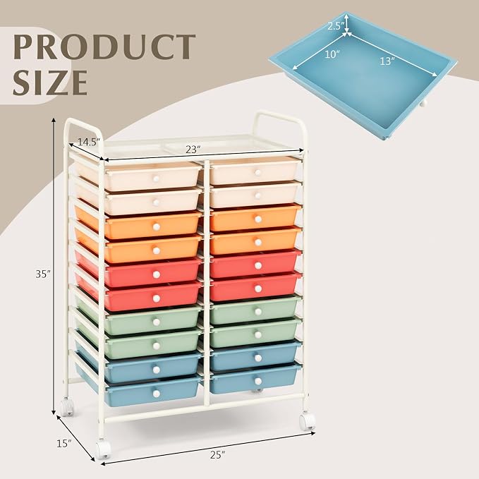 RELAX4LIFE 20 Drawer Rolling Storage Cart, Mobile Rolling Cart w/Drawers for School Classroom Teacher Office Home Salon, Paper File Art Supply Craft Organizer, Utility Cart on Wheels (Macaron) - Image 3