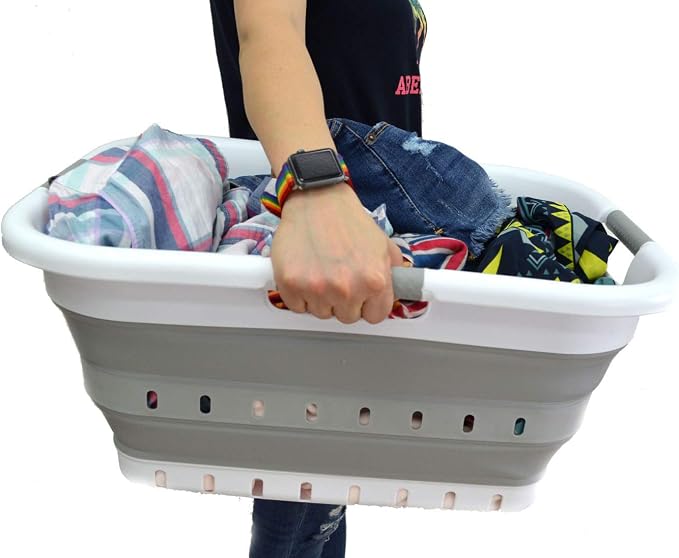 SAMMART 41L (10.8 gallon) Set of 2 Collapsible 3 Handled Plastic Laundry Basket-Foldable Pop Up Storage Container/Organizer-Space Saving Hamper/Basket (2, White/Grey) - Image 5