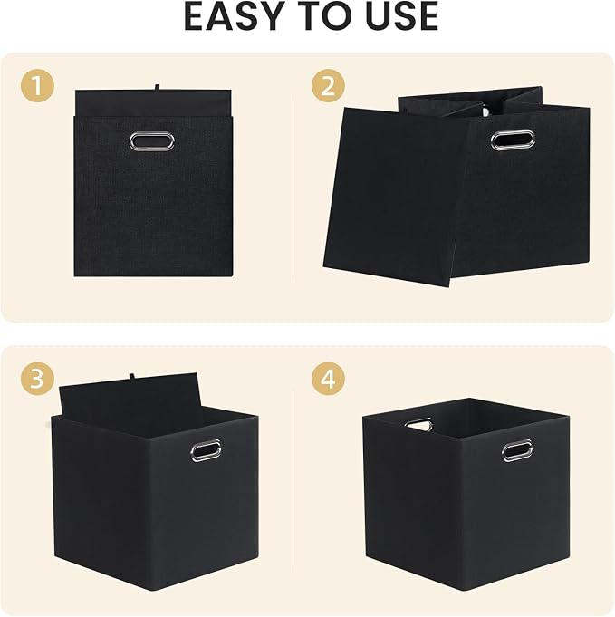 13x13 Storage Cubes Basket Containers for Shelf Cabinet Bookcase Boxes | Foldable Fabric Cube Storage Boxes with 2 Handles, Ideal for Shelves, Closets, and Clothes, Set of 4 (Pure Black-1200D) - Image 4