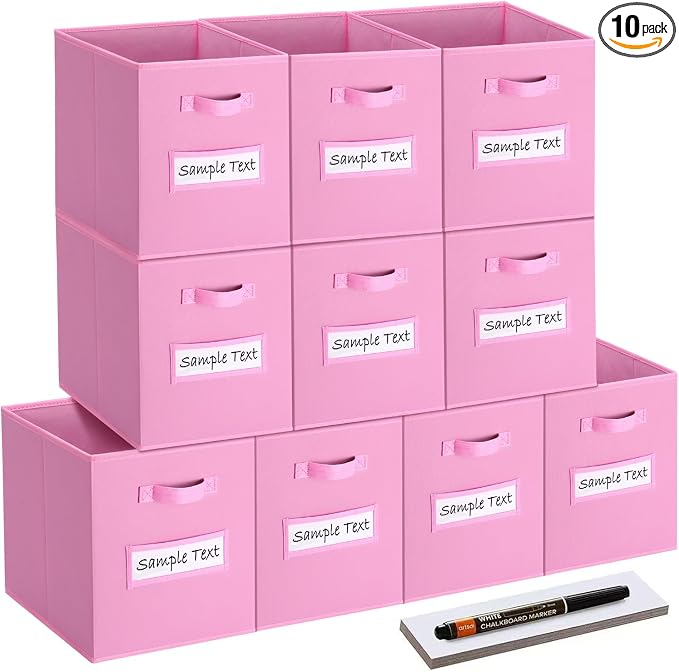 13x13 storage cube bins (Set of 10) Foldable Fabric storage cubes with 10 Labels Window Cards & a Pen,13 inch cube storage bins,Closet Organizers for Shelves,Cubby Organizer Boxes,Light Pink by Artsdi