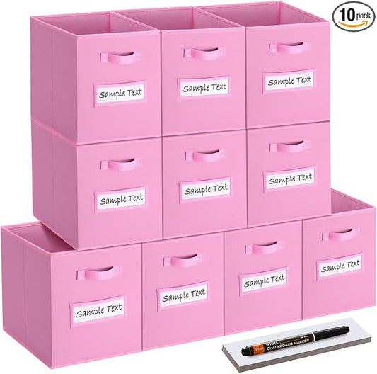 11x11 storage cube bins (Set of 10) Foldable Fabric storage cubes with 10 Labels Window Cards & a Pen,11 inch cube storage bin,Closet Organizers for Shelves,Cubby Organizer Boxes,Light Pink by Artsdi