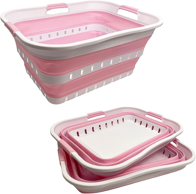 SAMMART 42 (11 Gallons) Collapsible Plastic Laundry Basket, Foldable Pop Up Storage Container/Organizer, Space Saving Hamper, Portable Bin for Dorm Room Bathroom (2, White/Cherry Pink) by SAMMART