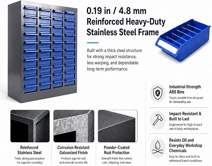 40-Drawer Parts Cabinet, Bolt Organizer with ABS Drawers & Dividers, Steel Bolt Bins, Nut and Bolt Organizer for Garage, Workshop, Home and Office (40 Drawer) - Image 3