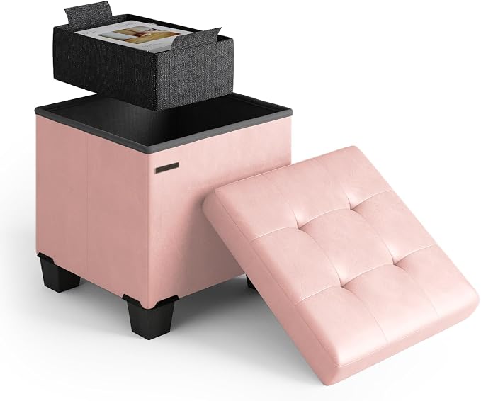 Storage Ottoman Cube with Small Bin, 15-in Square Ottoman with Storage for Living Room and Bedroom, Small Ottomans Foot Rest, Leather Foot Stools Ottomans Max 330lbs, Pink by STORAGEBUD