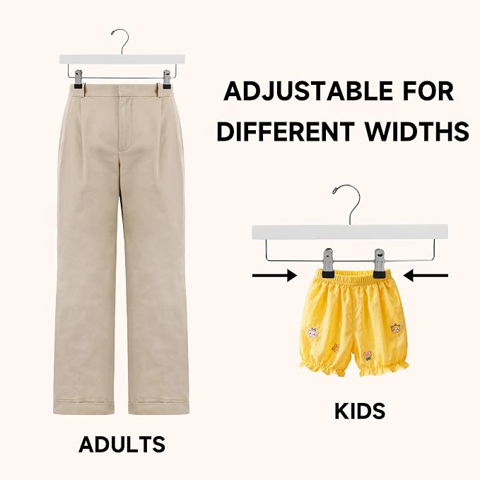 14" Wood Pants Hangers with Adjustable Non-Slip Clips, White, 12-Pack | Solid Wood Material, Bottom Hangers with 360° Swivel Hook, Space Saving Hangers for Skirts, Slacks, Trousers, Jeans - Image 5