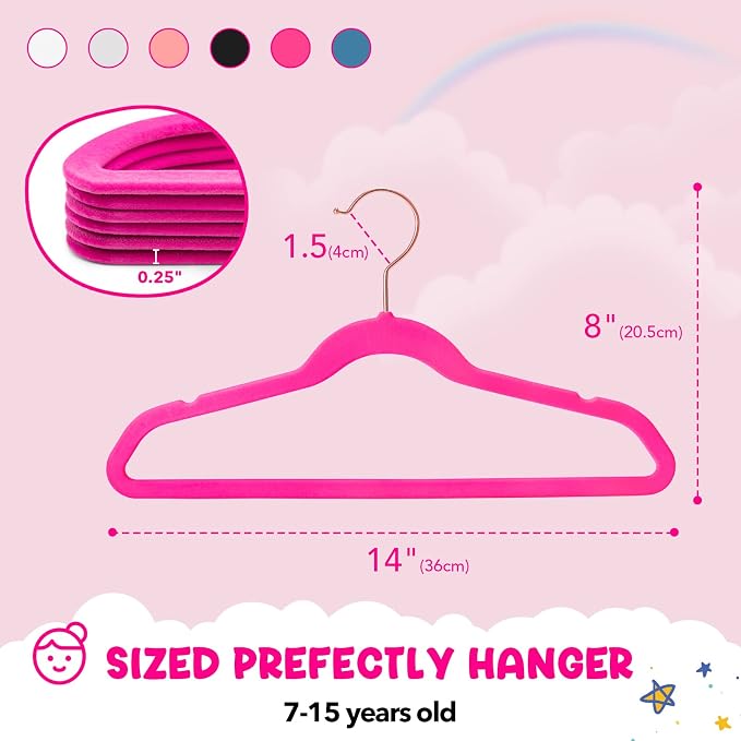 HOUSE DAY Velvet Kids Hangers 60 Pack, Premium Childrens Hangers for Closet | Hot Pink Ultra Thin Cute Non Slip Kid Felt Clothes Hanger 14 Inch, Small Hanger for Toddler Clothes +360° Rose Gold Hook - Image 8