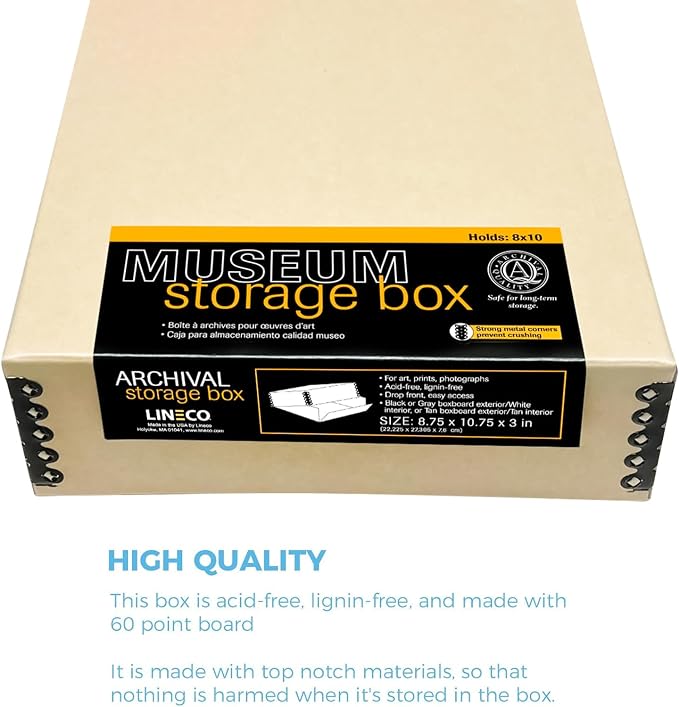 Lineco Museum Archival Storage Box, Drop Front, 8.75x10.75x3 in, Tan | Acid-Free with Metal Edge, Preserves Picture Longevity, Organize Photos, Newspapers, Prints, Documents, Crafts, DIY - Image 6