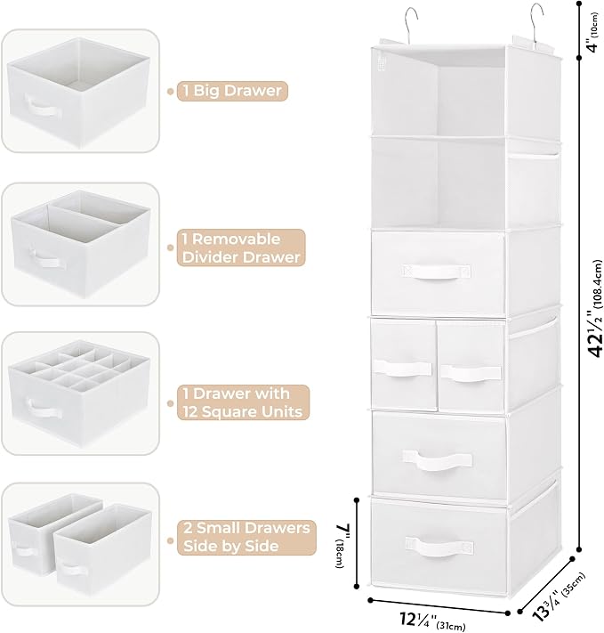 GRANNY SAYS Hanging Closet Organizer, 5 Drawers, 6 Shelves, 6 Pockets | Hanging Closet Organizer with 5 Different Drawer Designs, 6 Shelves & Reinforced Structure for Organized Small Space, Whites - Image 3
