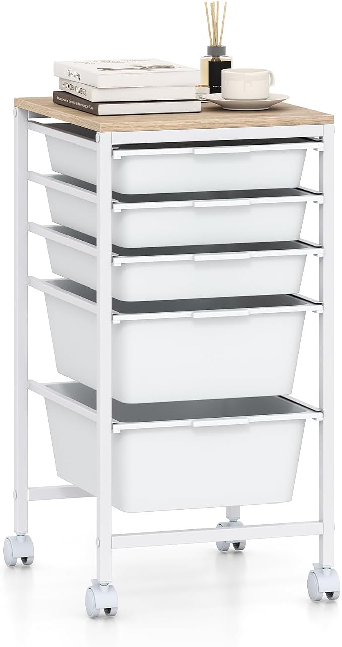 Rolling Storage Cart with 5 Drawers, Plastic Craft Organizer on Wheels with Wooden Top, Mobile Art Supply Utility Cart for Classroom, Home, Office by SILKYDRY