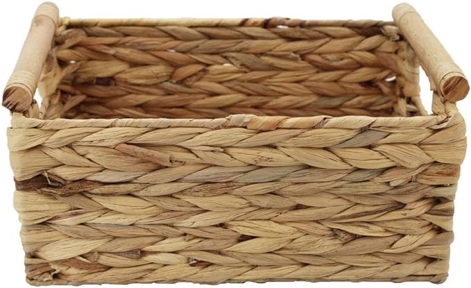 Natural Woven Water Hyacinth Storage Basket with Wood Handles, Medium | Rectangular wicker‑style bin, decorative accent, for shelves, bathroom, pantry, closet organization, countertop use by HODAKJUE
