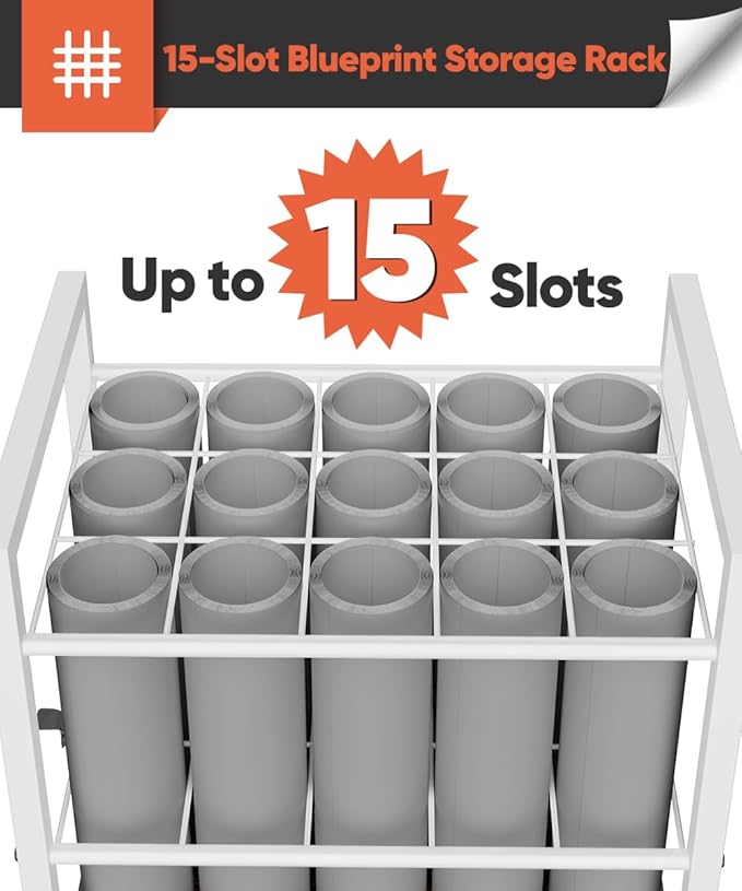 Blueprint Storage Rack Cart, 15 Slots Metal Rolling File Holder with Wheels & Adjustable Pads, Mobile Gift Wrapping Paper Organizer for Maps/Posters/Architectural Construction Plans, White - Image 3
