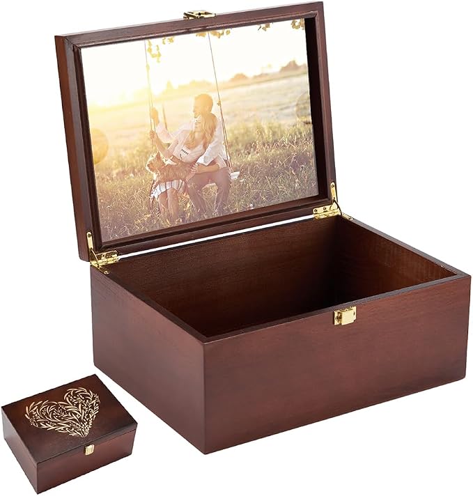 Larger Wooden Memory Keepsake Box with Hinged Lid & 8x10 Photo Frame Inside Lid – Decorative Storage Box With a Hinge Lids for Pictures, Letters & Time Capsule – Wooden Gift Box, 5.3” x 8.6” x 11.7” by EVA+murmure