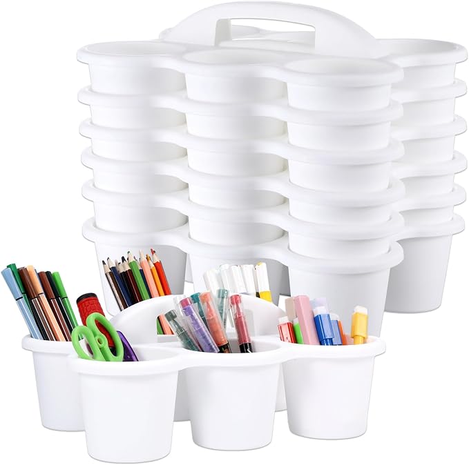 gisgfim 6 Pack Classroom Caddy Organizer with Handle, 6 Compartments, White | Stackable Plastic Table Caddies, 12x9x3.5 In, caddy Organizer for School Supplies, Crayons, Pencils, Crafts and Drink Cups by gisgfim