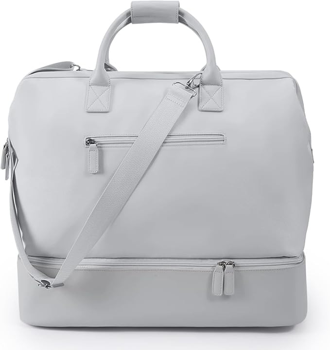 Nobl Travel Weekender Bag for Women & Men, Large Carry-On Duffel, Silver | Leather Overnight Tote with Trolley Sleeve, Separate Shoe Compartment & Laptop Pocket for Airplane, Gym & Road Trips by NOBL