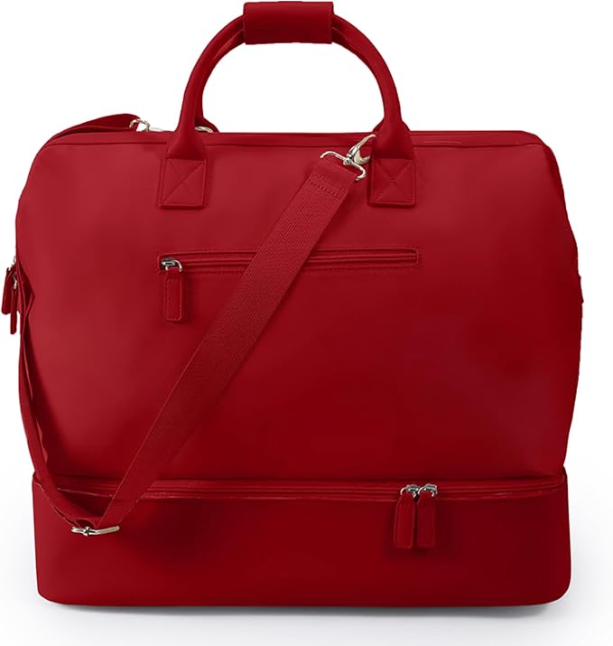 Nobl Travel Weekender Bag for Women & Men, Large Carry-On Duffel Cherry Red | Leather Overnight Tote with Trolley Sleeve, Separate Shoe Compartment & Laptop Pocket for Airplane, Gym & Road Trips by NOBL