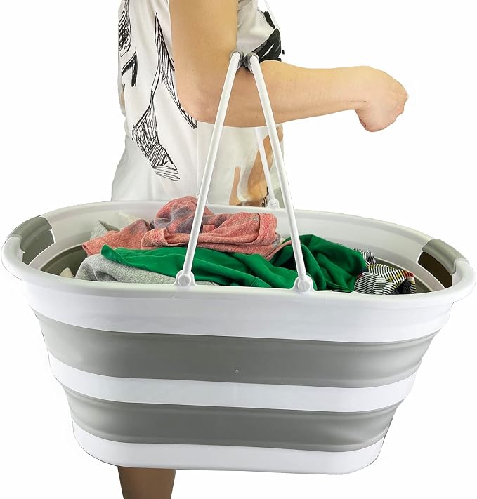 SAMMART 38L (10 Gallons) Collapsible Plastic Laundry Basket - Foldable Storage Container/Organizer - Portable Washing Tub - Space Saving Laundry Hamper (White/Grey (Set of 2)) - Image 7