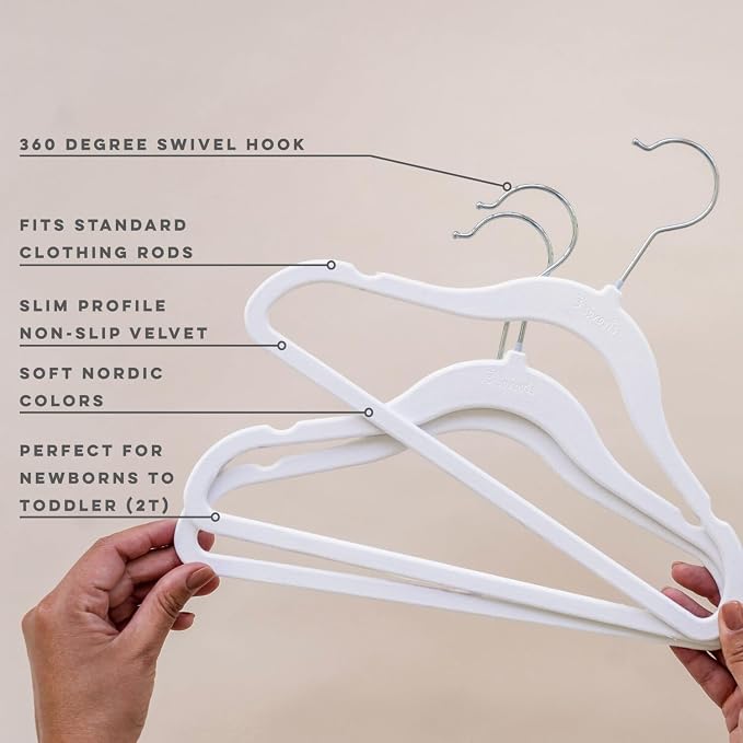 3 Sprouts Velvet Baby Hangers, Non Slip Slim, White, 30 Pack | Non-slip velvet, Notched shoulders, 360-degree swivel hook, 11.75 x 8 in, Infant and toddler clothes, Soft colors for nursery - Image 3