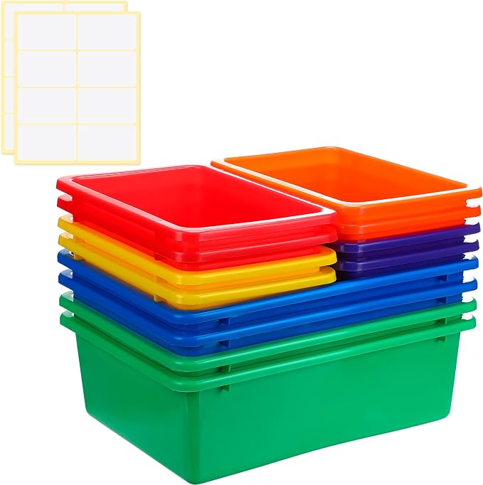Zonon 12 Pcs Plastic Cubby Bins Office Storage Container Storage Bins Plastic Organization with 1 Pack Self Adhesive Label for Library Office Home Nursery(Bright Colors) by Zonon